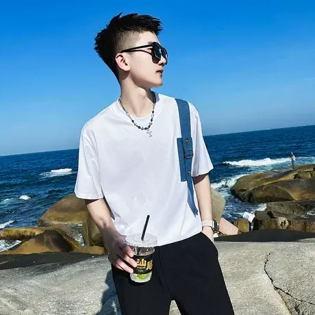 夏季个性拼接装饰休闲短袖t恤2023新款潮男痞帅半袖半截袖INS上衣图片