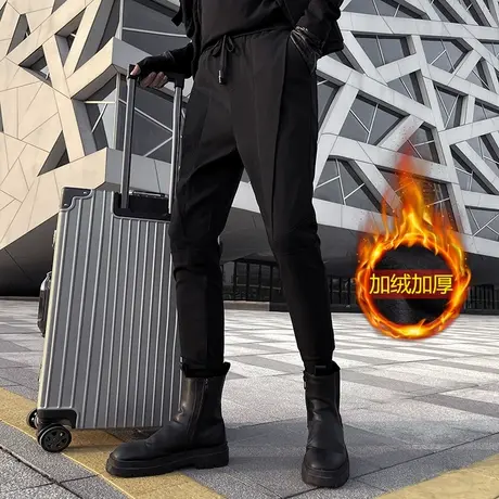 冬季男士休闲裤裤子长裤修身加绒潮流加厚保暖纯色束腿裤百搭ins商品大图