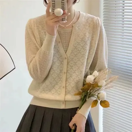 假两件针织衫女2023秋冬新款蕾丝钩花长袖毛衣打底衫洋气百搭上衣商品大图