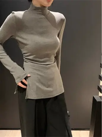 磨毛加厚长袖t恤德绒打底衫内搭半高领秋冬季新款修身开叉上衣女商品大图