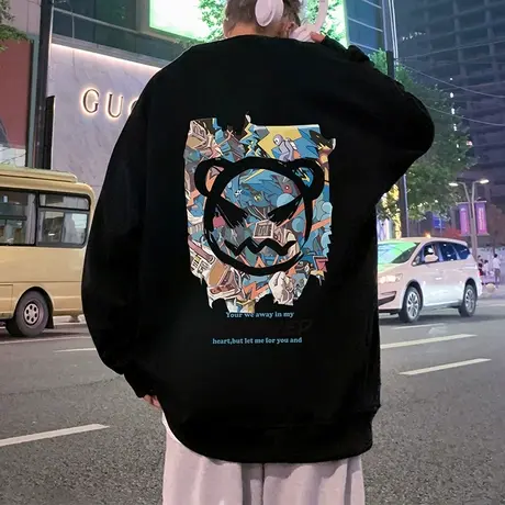 卫衣男春秋季新款套头宽松加绒加厚圆领外套男装无帽长袖打底衫潮商品大图