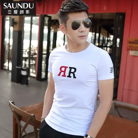 夏季男士短袖t恤圆领白色半袖印花夏天男装修身上衣服潮简约体恤商品大图