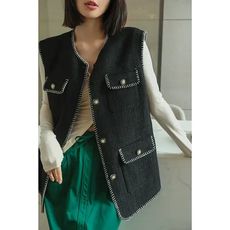 2024春夏季新款时尚简约优雅中长款无袖绣边女士黑色系马甲外套女图片