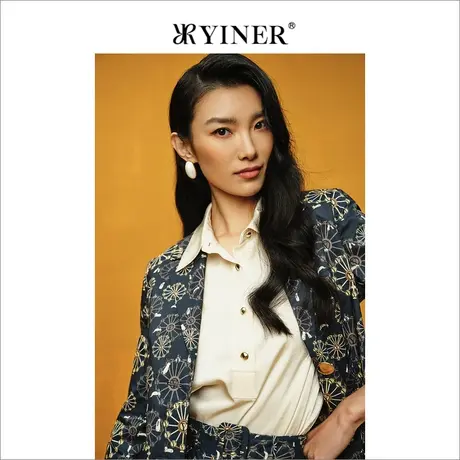 YINER音儿女装夏季时尚通勤印花七分袖西装领短外套商品大图