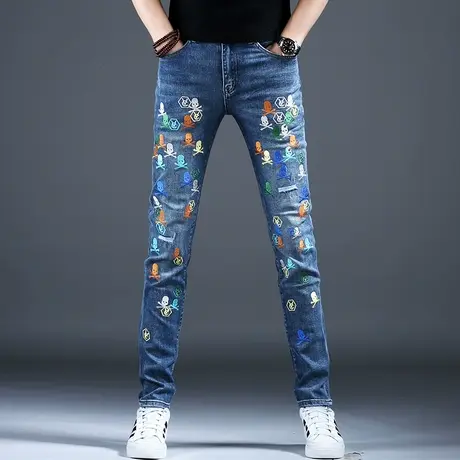 男士春秋新款刺绣牛仔裤子男款美式高街时尚修身精致小脚裤子潮牌商品大图