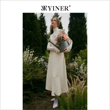 YINER音儿女装冬季绵羊毛拼接针织假两件白色连衣裙商品大图