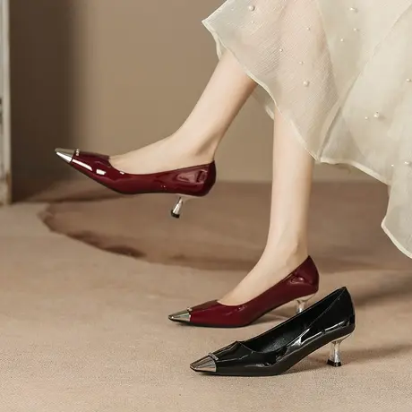 性感漆皮职业高跟鞋女2024年新款金属方头名媛风气质细跟浅口单鞋图片