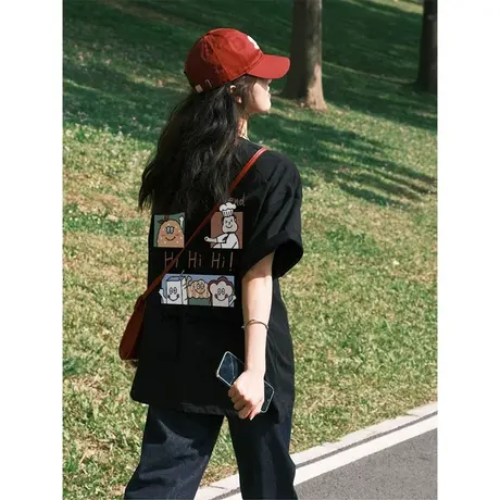 黑色短袖t恤女重磅纯棉美式高街复古oversize宽松潮牌半袖上衣服图片