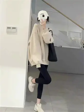 圆领美式复古卫衣女秋冬2024新款宽松慵懒风中长款遮屁股长袖上衣图片