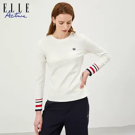 【直播甄选】ELLE Active春款纯棉舒适上衣白色圆领长袖打底T恤女商品大图