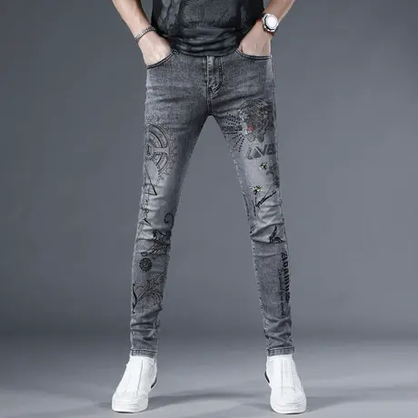 高端烫钻牛仔裤男款修身小脚2024新款春夏季韩版潮牌潮流男士裤子商品大图