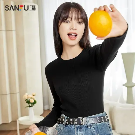 直播秒杀三福打底衫2024新款秋冬季百搭圆领黑色修身内搭毛衣针织图片