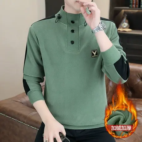 2024休闲新款半高领拼色长袖男装潮牌加绒加厚上衣男秋冬保暖卫衣商品大图