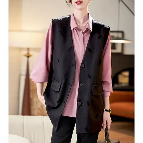 宝诗黎V领字母刺绣黑色西装马甲2024春季新款气质简约通勤外套女商品大图