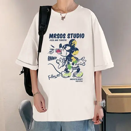 卡通印花宽松短袖T恤男2024新款夏季半袖潮牌ins原宿风情侣体恤衫商品大图