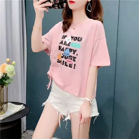 设计感系带短袖T恤女夏季2022年新款宽松洋气百搭短款超火ins上衣商品大图