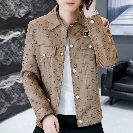 夹克男士潮牌春秋季2024新款麂皮绒翻领工装外套痞帅休闲提花上衣商品大图