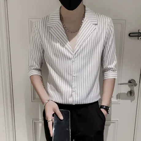 休闲西装领衬衫男士七分袖夏季英伦痞帅个性条纹衬衣dk制服男中袖商品大图