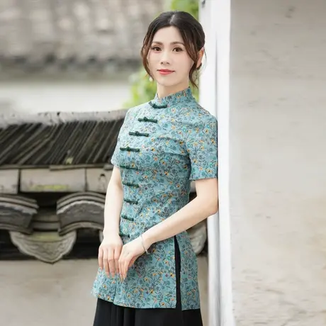 筠雅旗袍式上衣唐装女改良版佛系显瘦复古新中式禅意茶服素衣女装图片