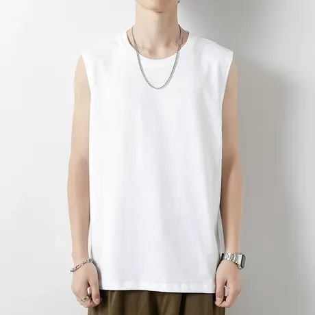 纯棉背心男白色外穿打底衫运动健身跨栏篮球坎肩砍袖宽肩无袖t恤商品大图