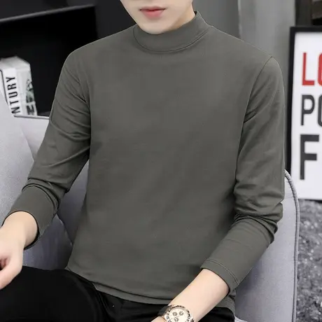 长袖t恤男纯棉宽松潮流半高领内搭打底衫全棉中领体恤上衣服秋衣商品大图