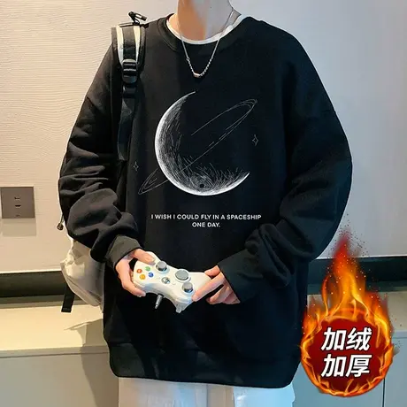 长袖T恤男秋冬季圆领潮流上衣服加绒加厚打底衫宽松印花男士卫衣商品大图