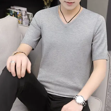 毛衣短袖男士v领t恤秋冬半袖针织打底衫修身毛线衣男纯色潮流毛衫商品大图