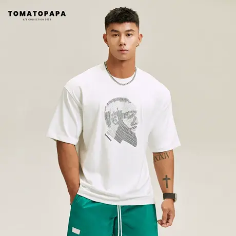 TOMATOPAPA夏季ins潮牌短袖T恤男圆领宽松落肩港风潮流针织花上衣图片