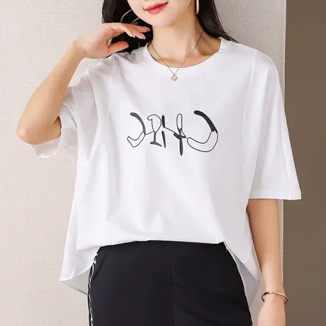 伊自尚2023年新款女装大码胖mm休闲百搭印花上衣圆领短袖T恤女潮图片