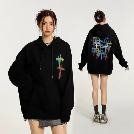 YEP十字印花连帽卫衣女春秋2023新款oversize潮牌美式复古外套ins商品大图