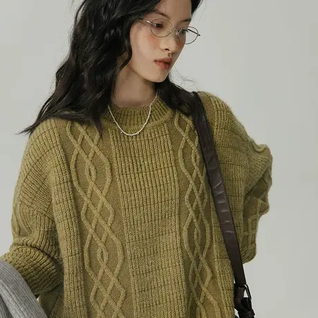 omont蛋挞家 圆领绞花套头毛衣女秋冬2022新款宽松慵懒风针织上衣图片