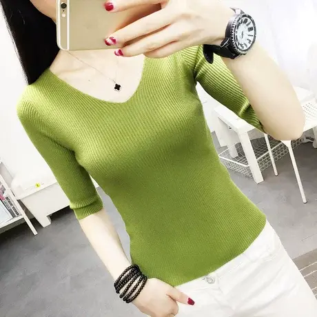 秋装2022年新款女上衣半袖修身打底衫内搭针织衫女短袖v领毛衣t恤图片