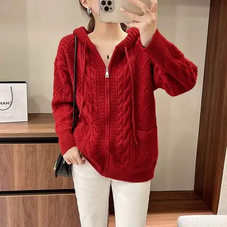 新年红色连帽毛衣外套女2023年爆款时尚洋气针织开衫秋冬上衣外搭图片