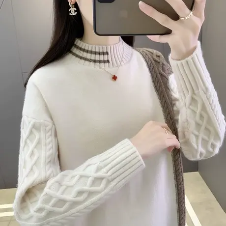 半高领麻花毛衣女加厚打底衫2023秋冬新款宽松拼色针织衫内搭上衣商品大图