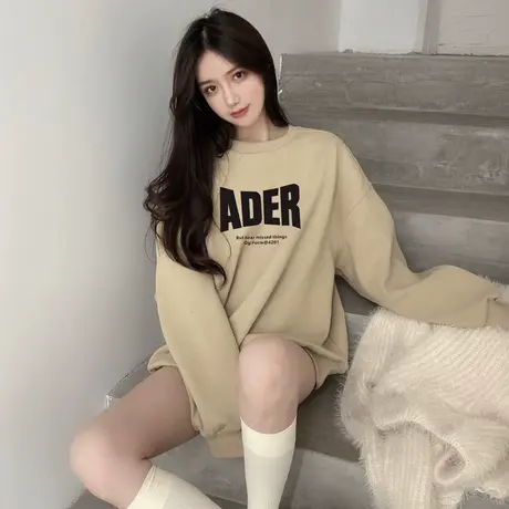 卡其色卫衣女2023新款秋冬oversize小个子中长款遮屁股加绒上衣服商品大图