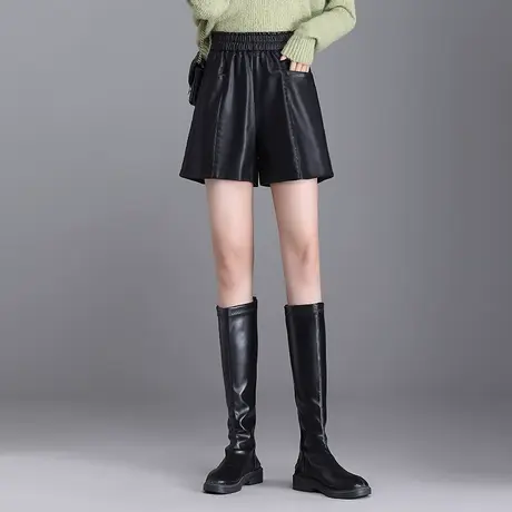 黑色松紧腰PU皮短裤韩版显瘦阔腿裤高腰休闲裤女秋季2023新款裤子商品大图