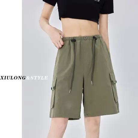 工装短裤女春秋季2023年新款宽松直筒美式休闲松紧腰五分阔腿裤子图片