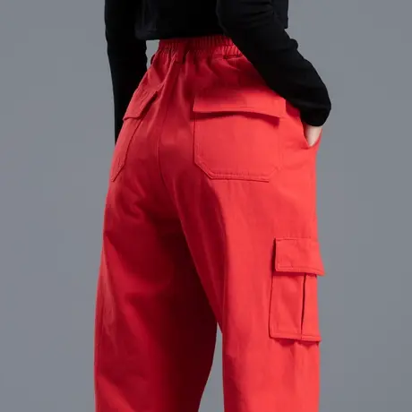 大红色工装裤女秋冬季哈伦裤2023新款女裤小个子裤子休闲裤运动裤商品大图