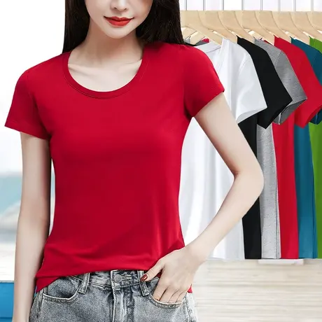 本命年大红色纯棉圆领短袖t恤女夏季修身显瘦打底衫内搭正肩上衣图片