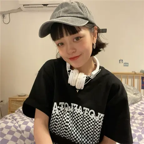 红续设计感小众韩版休闲黑色短袖女2023夏季新款纯棉宽松半袖T恤图片