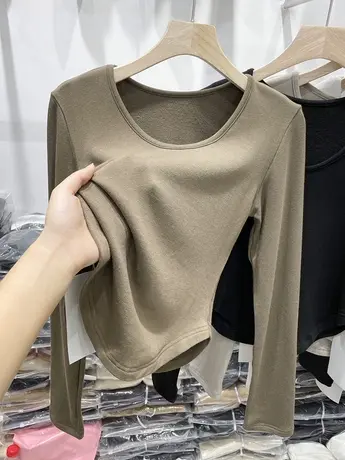 欧货加厚加绒打底t恤女内搭2022年秋冬新款洋气短款磨毛修身上衣商品大图