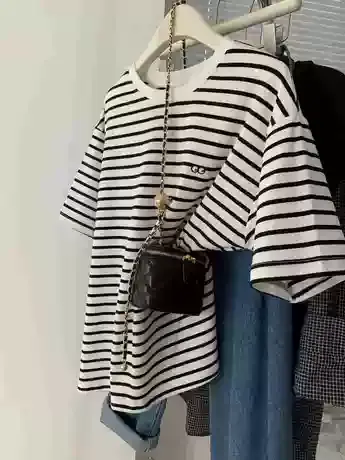 欧货刺绣眼睛撞色条纹短袖t恤女显瘦ins潮别致时尚减龄打底衫上衣商品大图