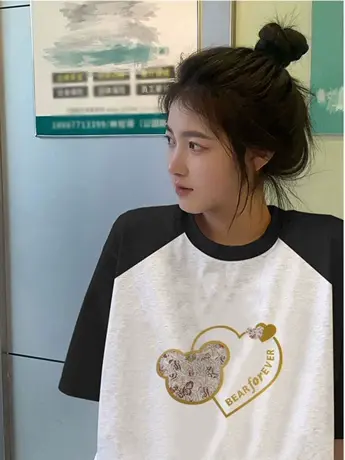 夏季新仿棉短袖t恤女设计感小众拼接撞色打底衫圆领宽松上衣潮图片