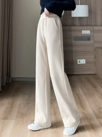 雪尼尔阔腿裤女秋冬2023新款条绒直筒裤加绒垂感拖地裤灯芯绒裤子商品大图