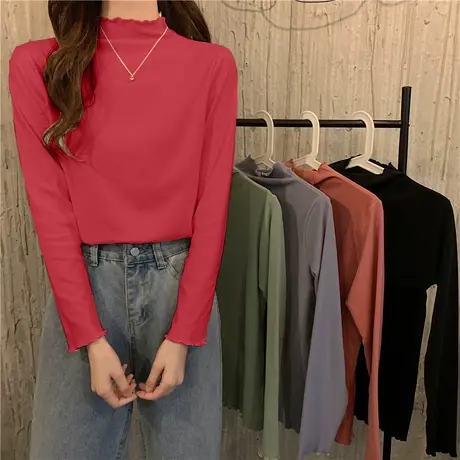 欧货木耳边打底衫衫女秋冬2023港风韩版修身纯色半高领女打底衫潮图片
