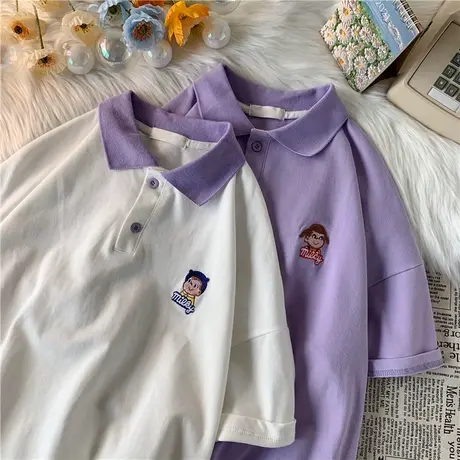 纯棉POLO衫短袖女夏chic港味学生宽松小众设计感日系复古t恤上衣图片