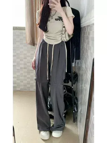 工装运动裤女薄款春秋夏复古美式宽松垂感直筒裤设计感小众阔腿裤商品大图