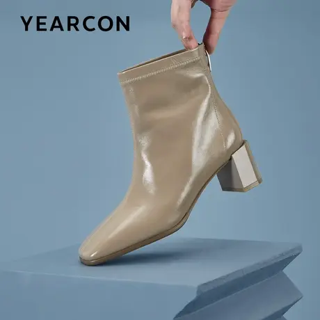 意尔康2021冬季新款真皮高跟瘦瘦靴短靴粗跟女靴法式增高及踝靴子商品大图