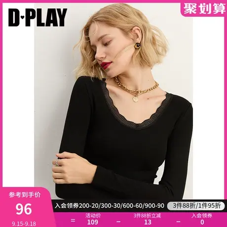 DPLAY【惠品】秋装新复古V领蕾丝边细针织衫亲肤柔滑时尚打底衫商品大图