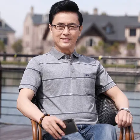 丝光棉短袖t恤男士翻领高端POLO衫宽松2023新款中年爸爸夏装上衣商品大图